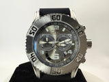 49mm tachymeter chronograph watch with gray dial, black rubber strap, silver-tone case
