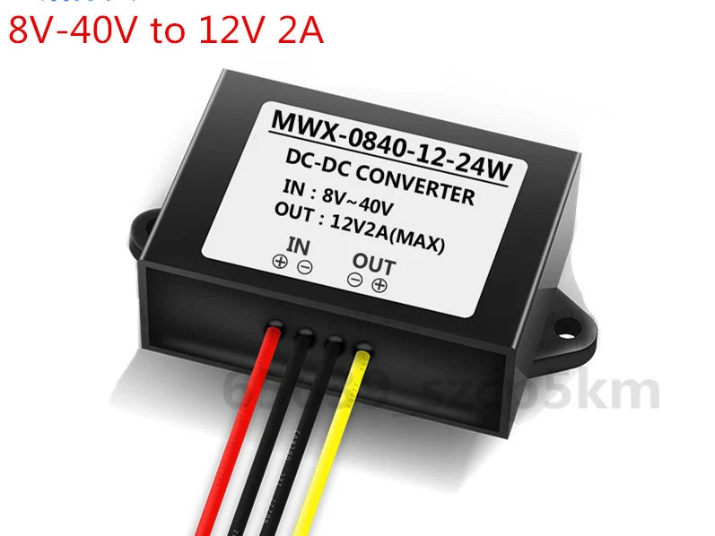 DC-DC step-down converter module, black case with label and red/yellow wire leads