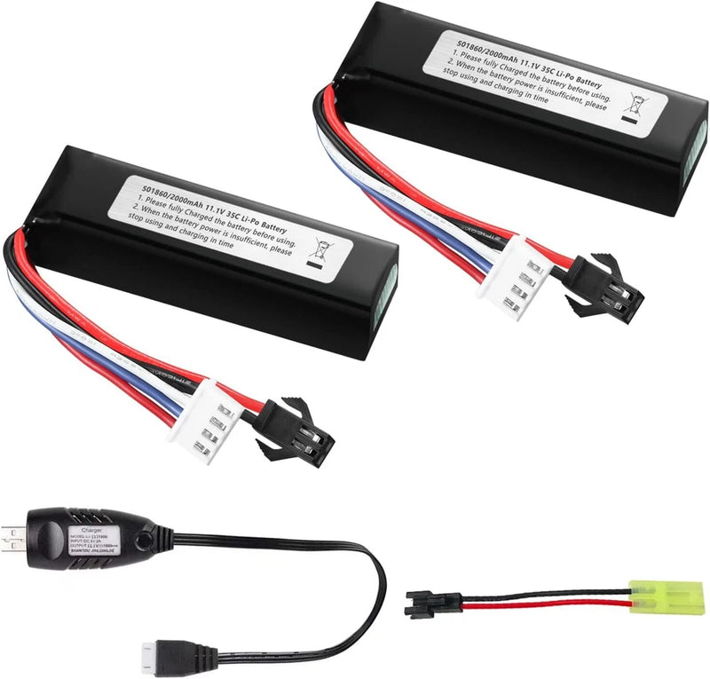 11.1V LiPo battery pack with SM-2P plug, USB charger cable, two black packs