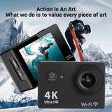 Black action camera with 4K lens, front buttons, and angled screen displaying underwater scene