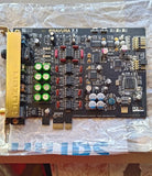 Auzentech PCI-E 7.1 sound card PCB with green output LEDs and gold bracket