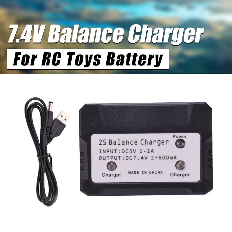 LiPo balance charger for 2S packs with USB cable, labeled 7.4V 600mA