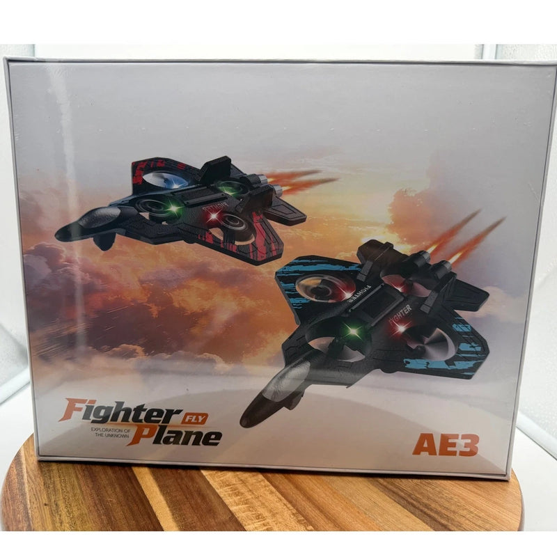 Black fighter jet RC drone with LED lights and twin wings, front and side views