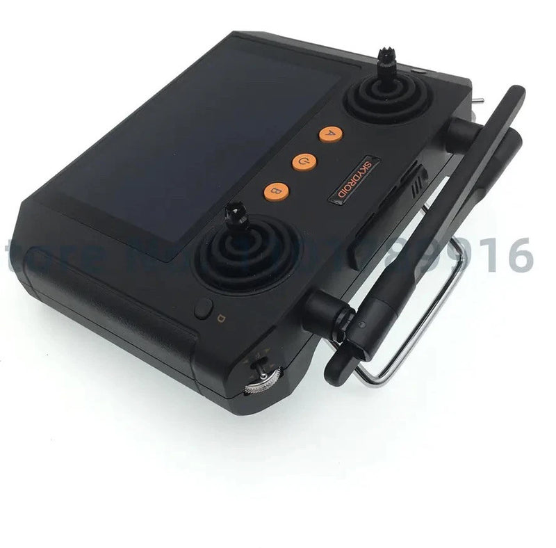 Black drone remote controller with LCD screen and dual joysticks