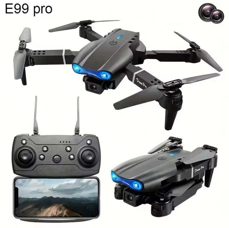 Gray quadcopter drone with dual cameras, blue LED lights, and black propellers.