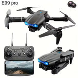 Gray quadcopter drone with dual cameras, blue LED lights, and black propellers.