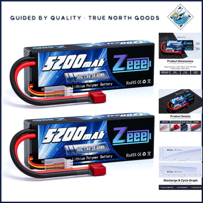 7.4V 5200mAh Lipo Battery 2S Hard Case for RC Car Trucks, T Connector Included