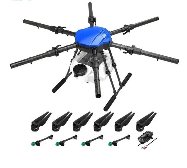 Agricultural spraying drone with blue body, six spray arms, propellers and nozzle set