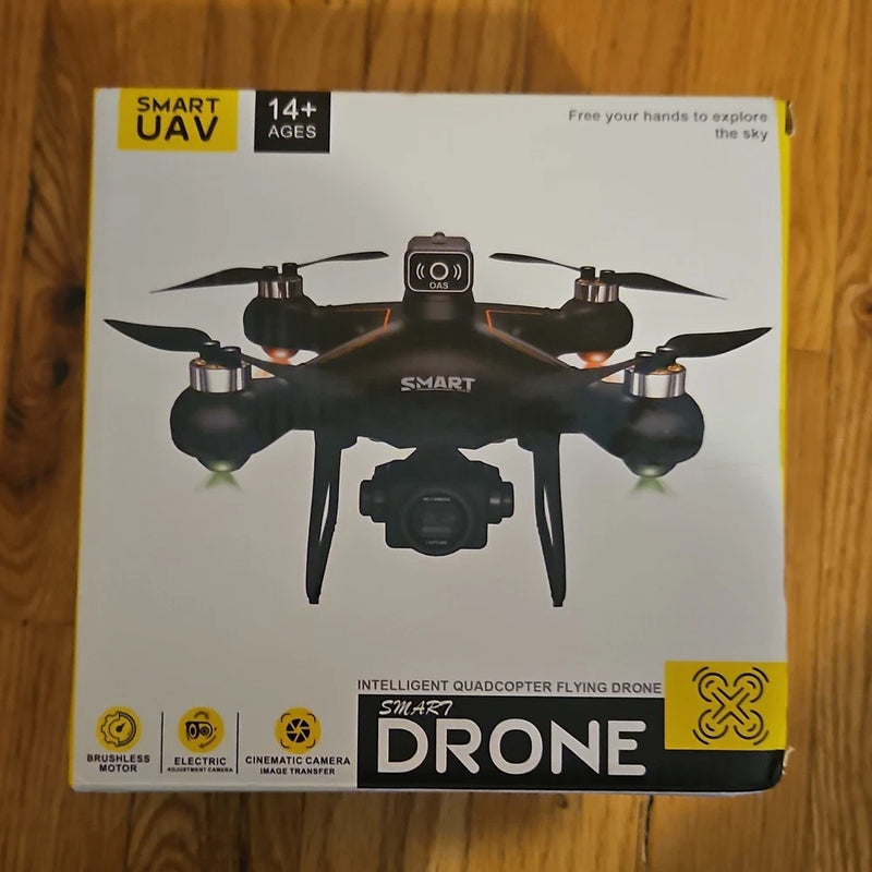 Black quadcopter drone with HD camera and four propellers