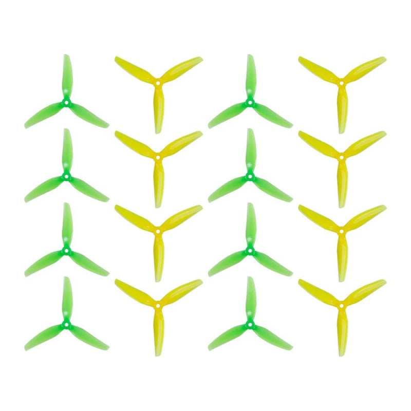 16 FPV drone propellers, tri-blade in green and lemon-lime yellow, 5x3.7