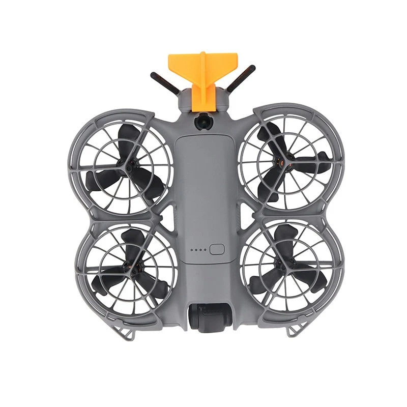 Orange tail fin mount with rear propeller guards for drone