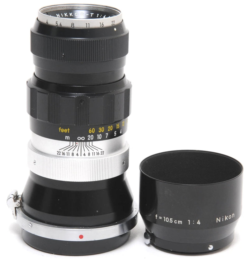 Nikon Nikkor-T 4/10.5cm lens for Rangefinder Nikon Nippon Kogaku w. matching ho