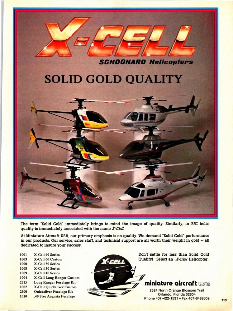 X-Cell helicopter ephemera wall art print with multiple RC helicopters and gold text