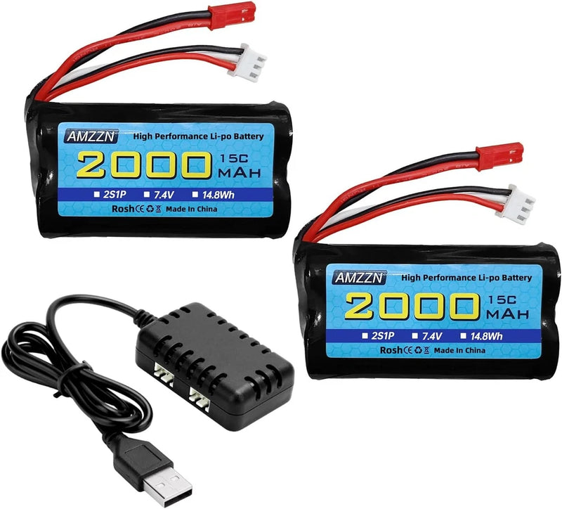7.4V 2000mAh 15C 2S JST 2P Plug Lipo Battery with 2 in 1 Charger for UDIRC