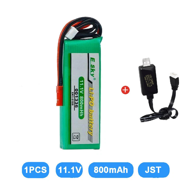 11.1V 800mAh LiPo battery with JST connector, green pack and wiring