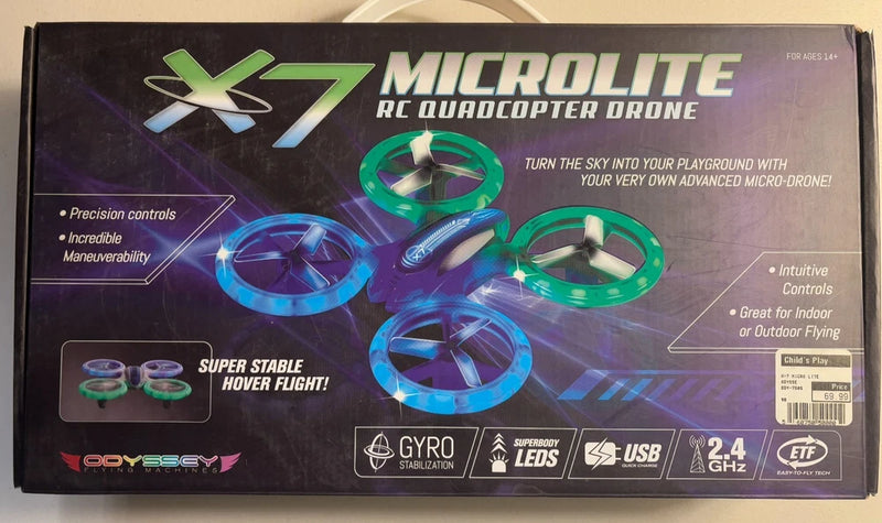 X7 Microlite RC quadcopter drone box with LED hover flight graphics