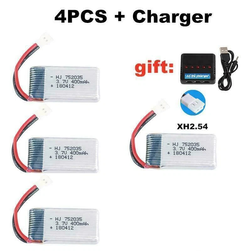 RC LiPo battery set with red/black leads and small charger, 4-pack