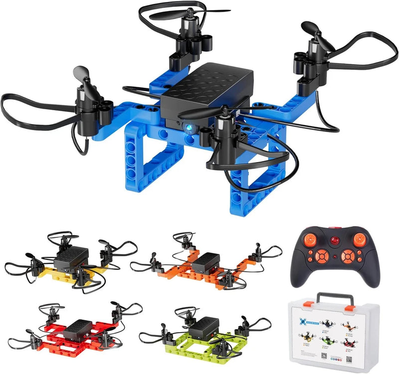 Blue mini DIY drone kit with four-rotor drone, game controller, and parts in box