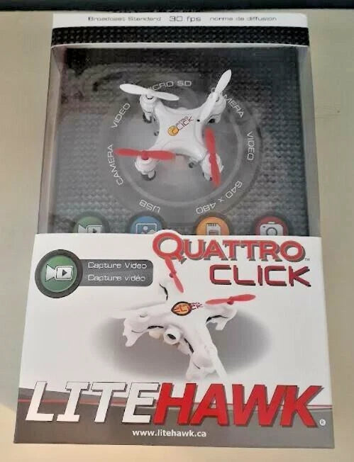 LiteHawk Quattro Click mini drone in retail box with visible quadcopter and propellers