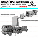 3D-printed AN/TPQ-53 counter-battery radar truck model, gray, front 3/4 view