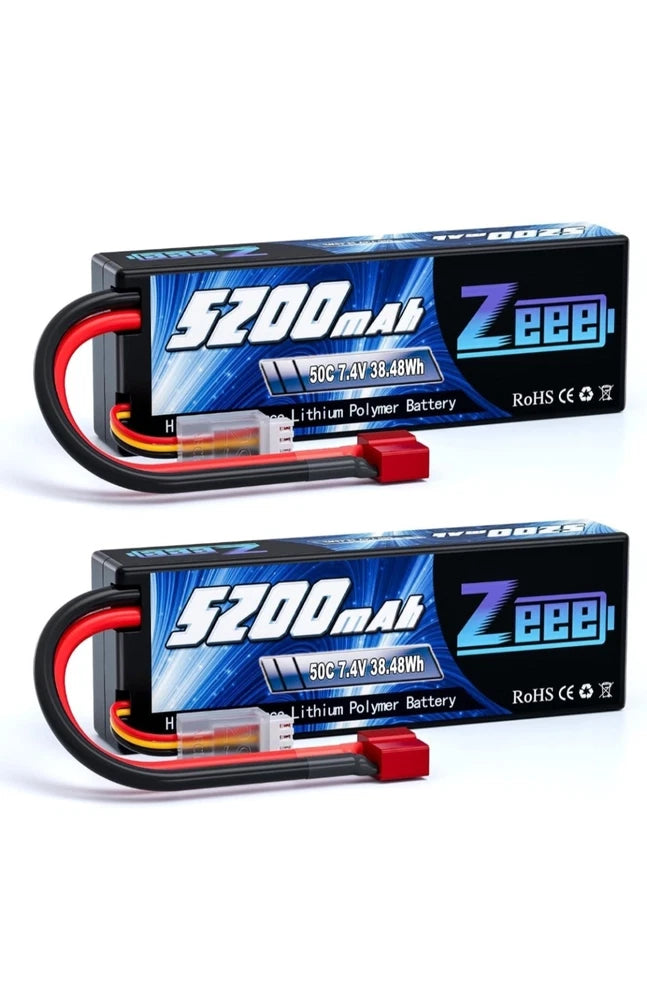 Zeee 7.4V Lipo Battery 2S 50C 5200mAh Lipos Hard Case with T Connector 2pk