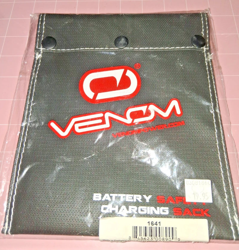 Dark green battery safety charging sack with Venom logo and stitched edges