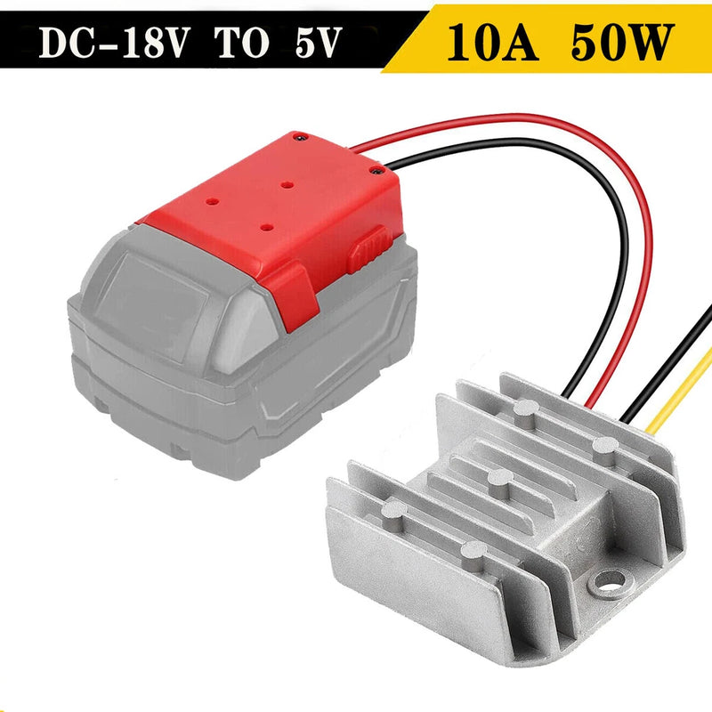 DC 18V to 5V step-down converter with red housing, wiring, and aluminum heat sink