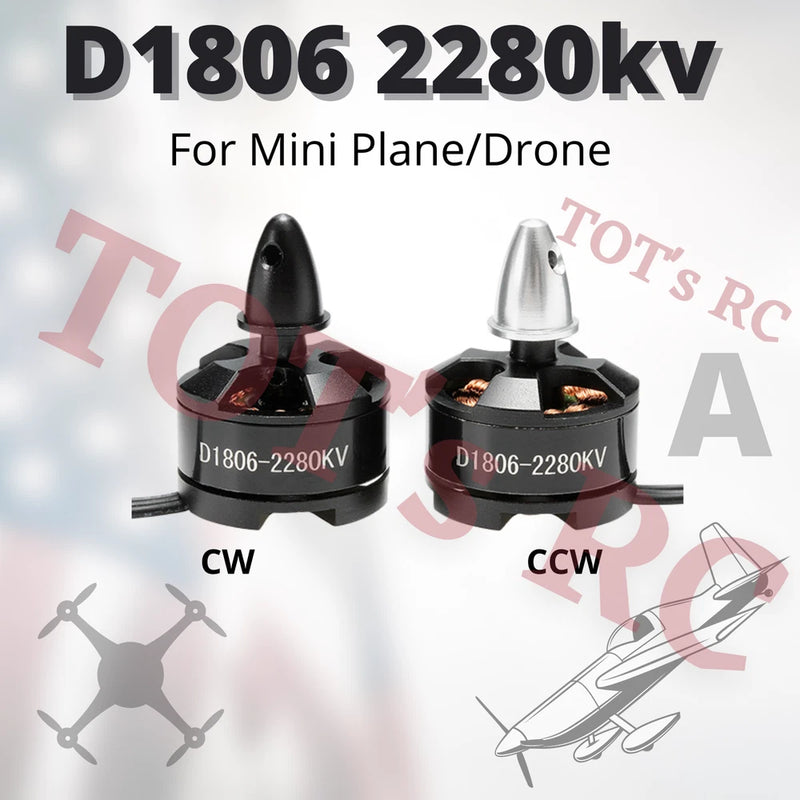 D1806 2280KV brushless quadcopter motors, black bodies with silver front; CW/CCW