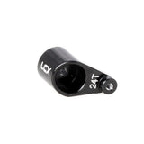 Aluminum RC servo horn arm, black 24T, mounting screw hole and LCX logo.