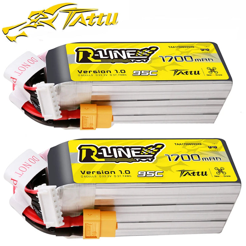 2X Tattu R-Line 1700mAh 95C 22.2V 6S Lipo Battery XT60 Plug For Professional FPV