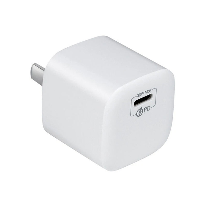 White PD charging head with 30W Max label, compact plug