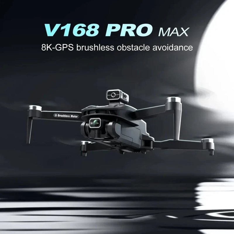 Black quadcopter drone with front camera gimbal and four foldable landing arms