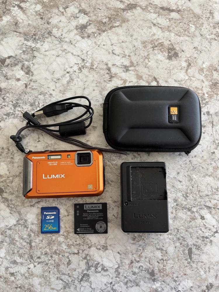 Panasonic LUMIX Camera TS20 Orange Works Charger Battery SD Card Cord Case