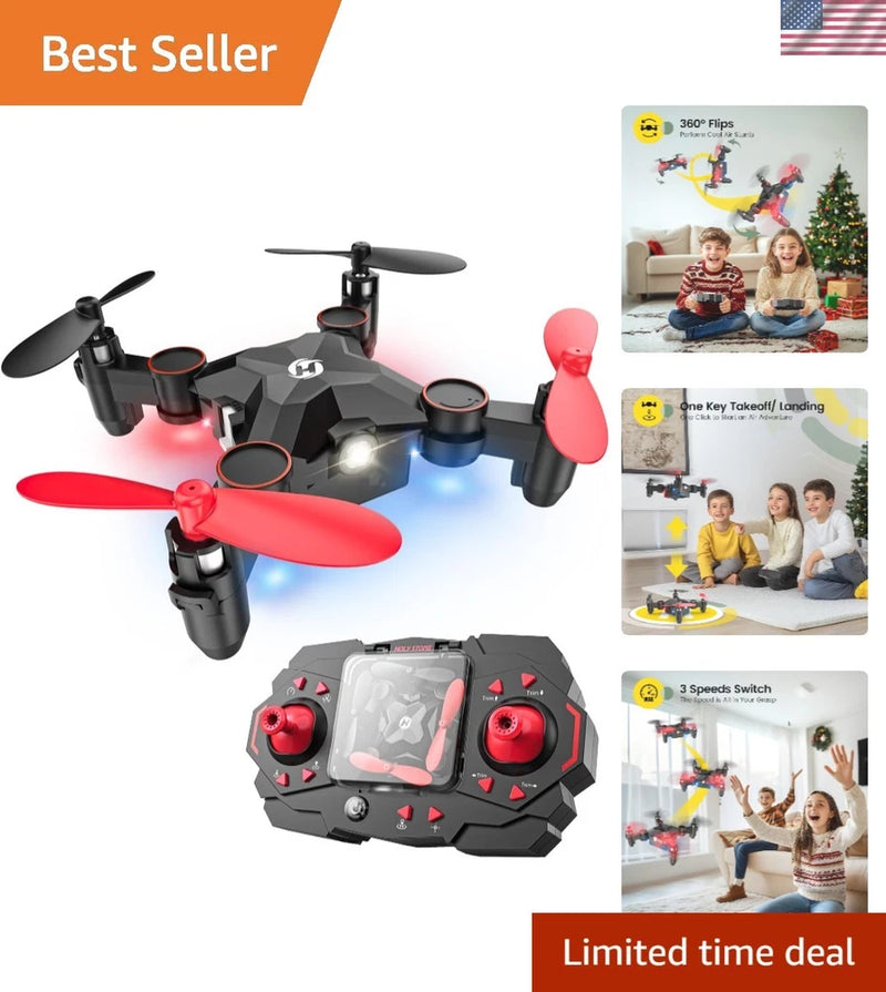 Foldable kid quadcopter drone with red prop guards and handheld controller