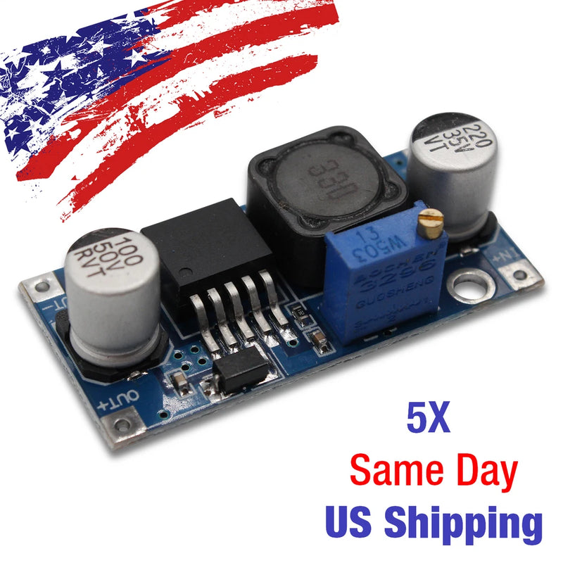 DC-DC step-up voltage converter module with blue PCB, IC chip, and electrolytic capacitors