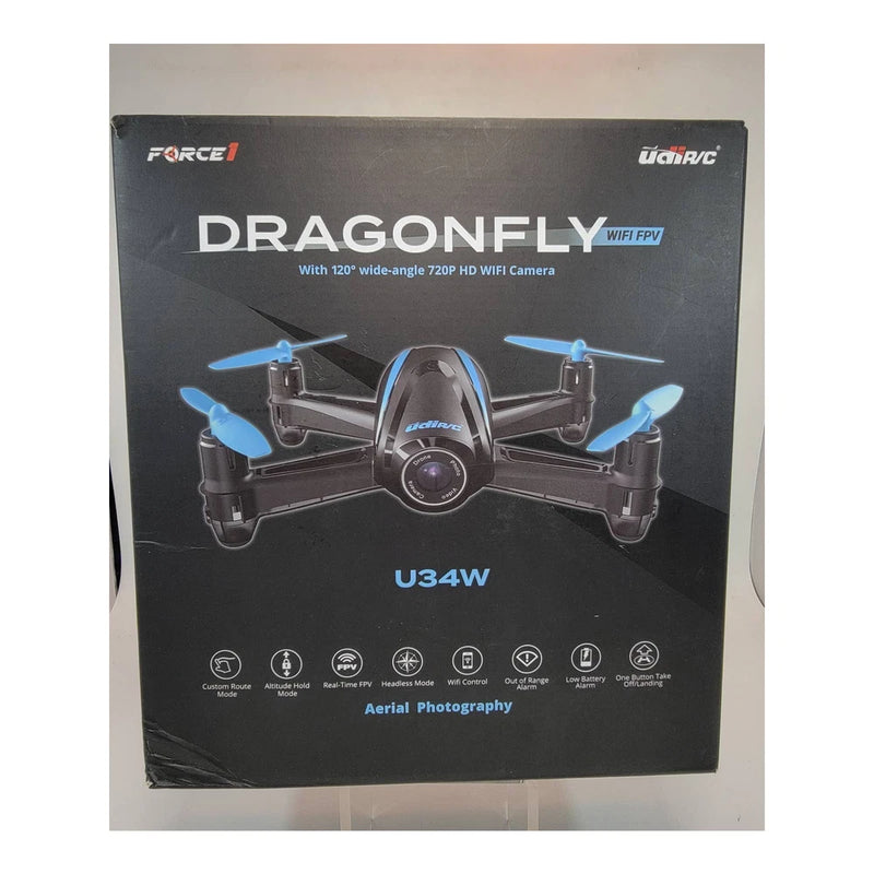 Force1 Dragonfly mini drone retail box with U34W branding and WiFi FPV