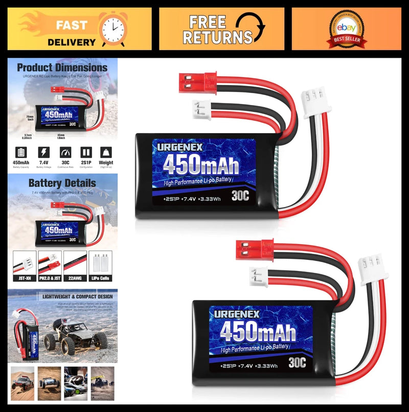 7.4V 450mAh 2S Lipo Battery 30C Rechargeable for RC Cars, Trucks & Drones