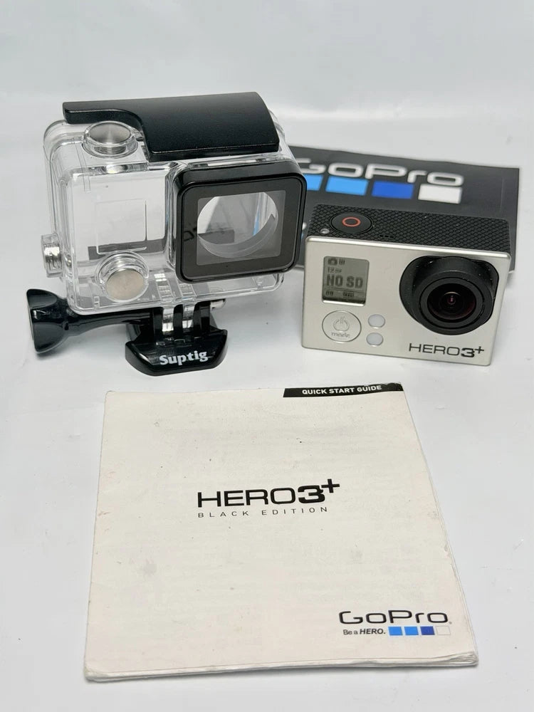 GoPro HERO3+ action cam in clear waterproof housing with black front and silver camera body
