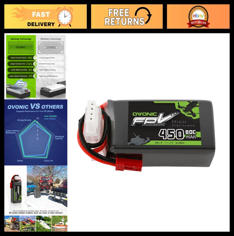 High-Performance 11.1V 80C 450mAh 3S Lipo Battery with JST Connector for RC Toys Battery