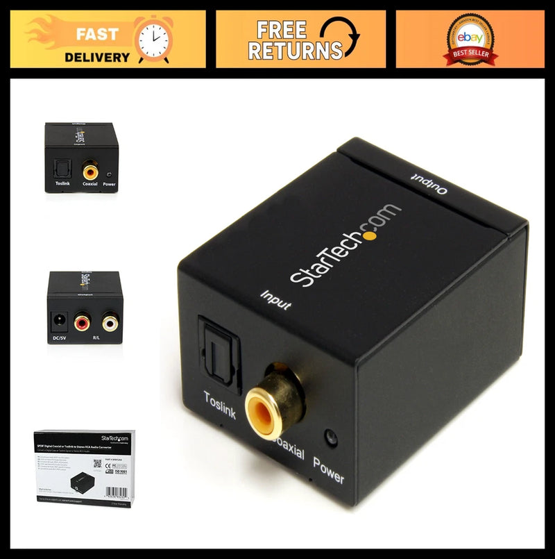 Black audio converter adapter box with Toslink, Coaxial, and stereo RCA outputs, Power port