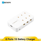 BETAFPV white 6-port 1S LiPo battery charger with multiple charge connectors
