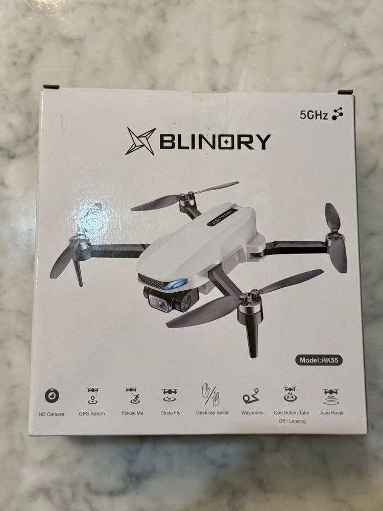 White GPS drone with HD camera shown on product box packaging