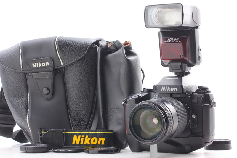 Nikon F4S 35-135mm camera kit with flash and black case strap