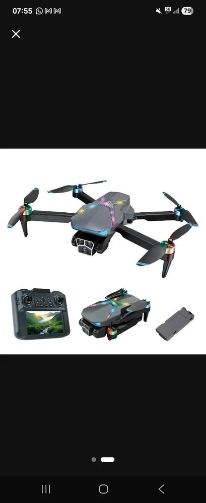 Black quadcopter drone with camera, teal propellers, remote controller, case and battery