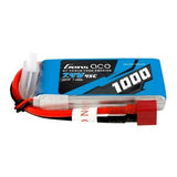 LiPo battery pack with blue 1000 label and Deans connector, red/black balance wires