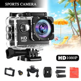HD action camera in clear waterproof housing with wide-angle lens and mounting bracket