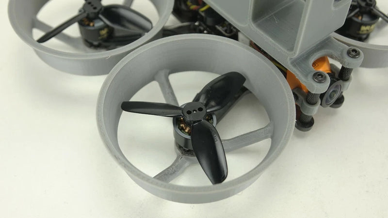 2.5-inch FPV drone prop guards with three-blade prop, grey frame
