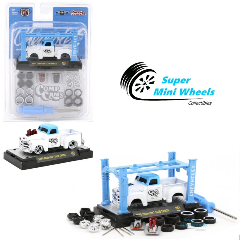 1:64 white and blue pickup truck model kit with parts and tools