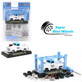 1:64 white and blue pickup truck model kit with parts and tools