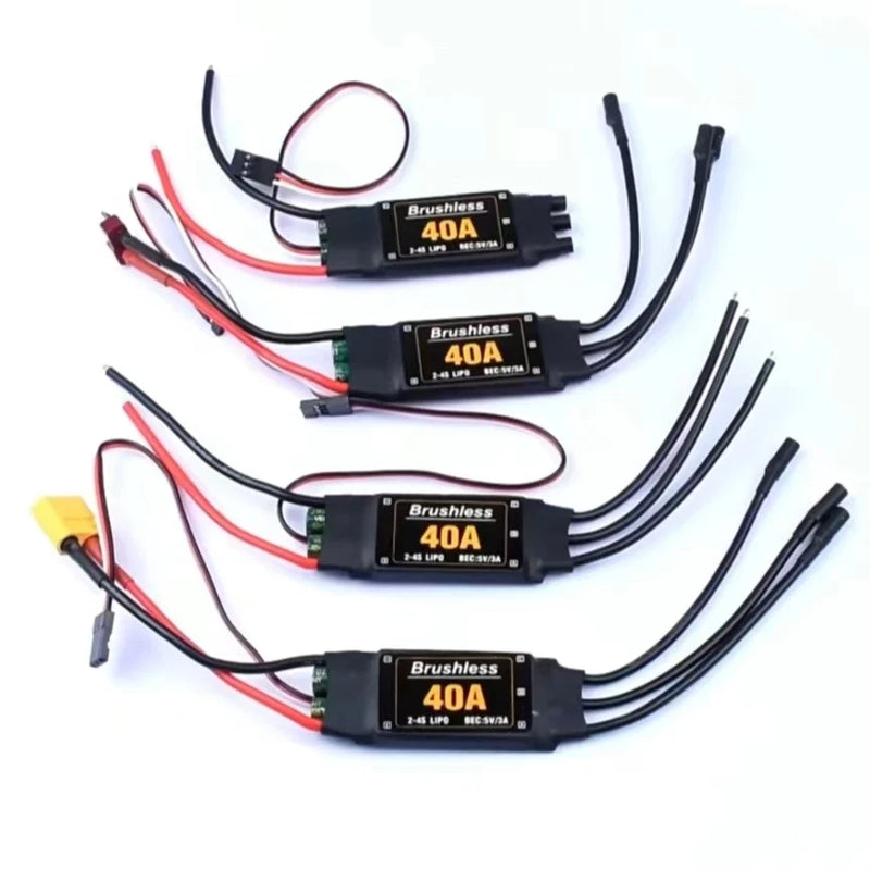 Brushless 40A ESC controllers with UBEC, black modules and red/black wiring harnesses